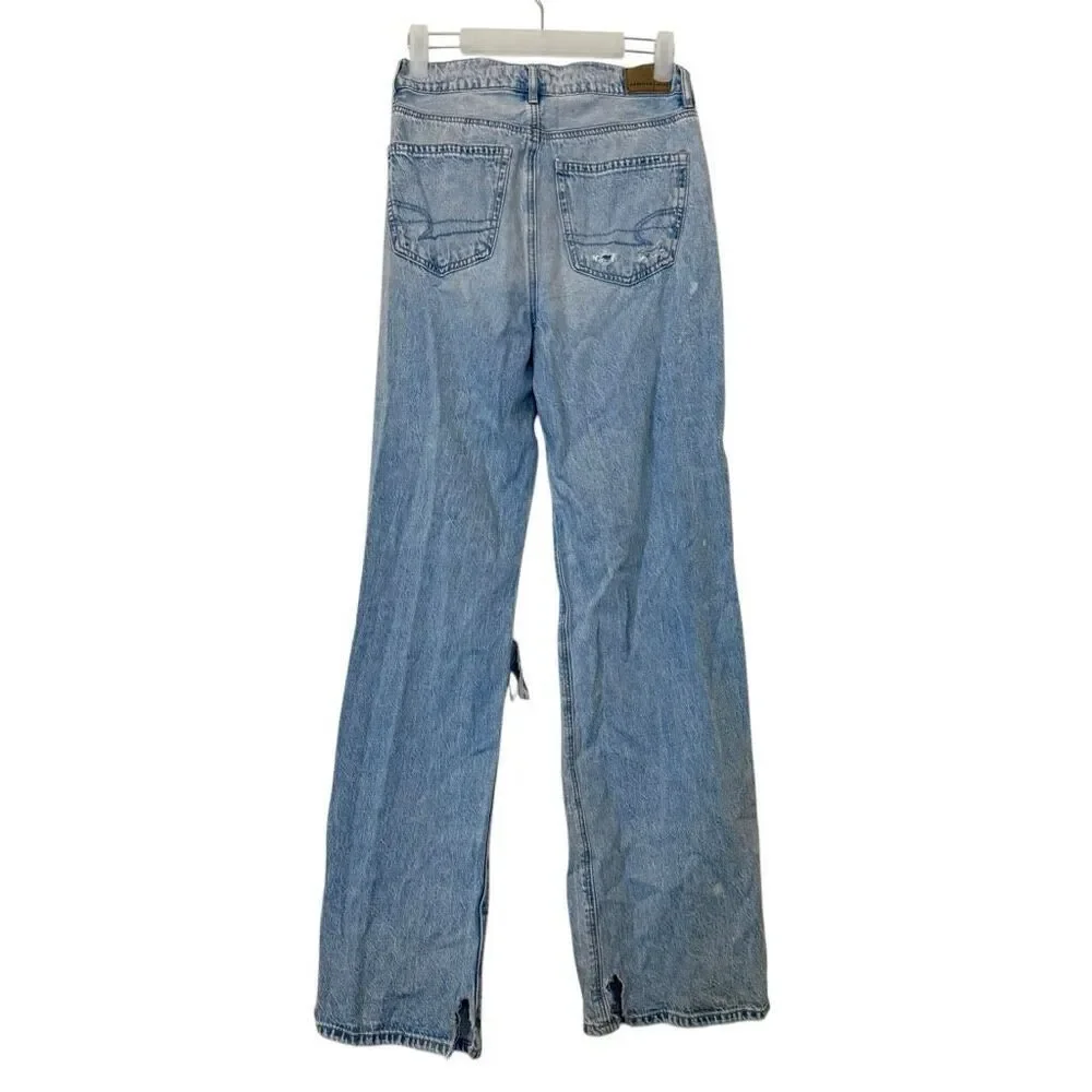 American Eagle Wide Leg High Rise Whiskering Cotton Distressed Jeans Blue Size 0